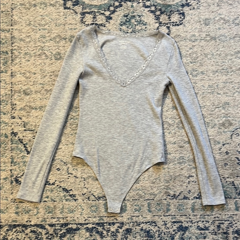 American Eagle Gray Fitted Bodysuit with Lace Detail